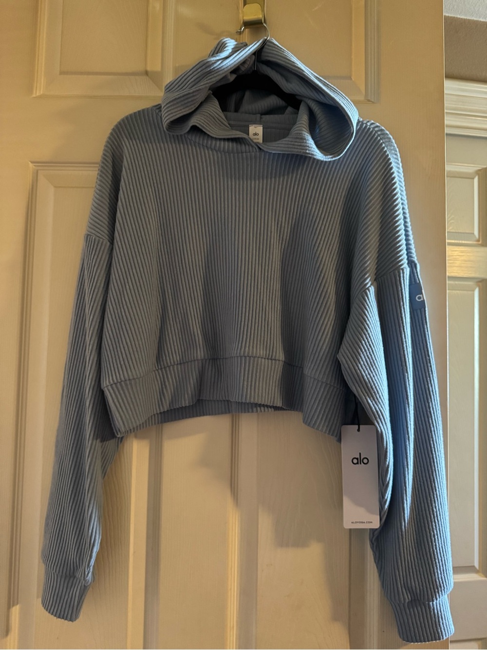 ALO Yoga Ribbed Cropped Muse Hoodie in Light Blue (Celestial Blue) - Picture 2 of 6